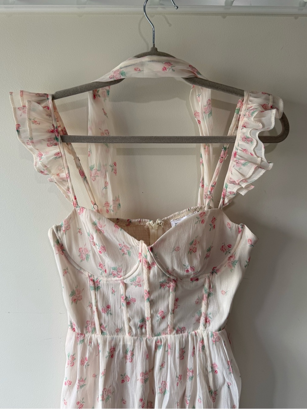 Worth Collective Cream Floral Ruffle Strap Dress with Scarf